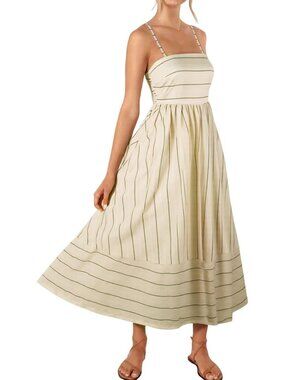 Women's Brown Summer Maxi Spaghetti Strap Striped Long Dresses Vacation Beach